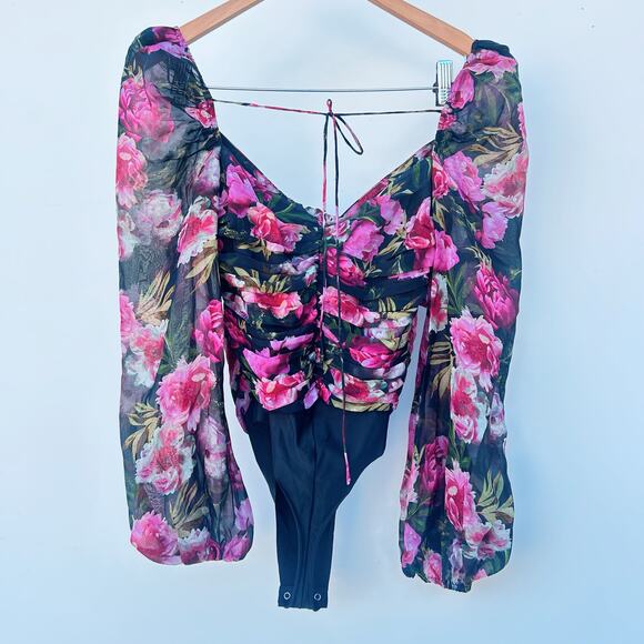 Cami NYC Kimmy Long Sleeve Pink Black Floral Bodysuit Blouse Silk 2 Chiffon - Picture 3 of 12